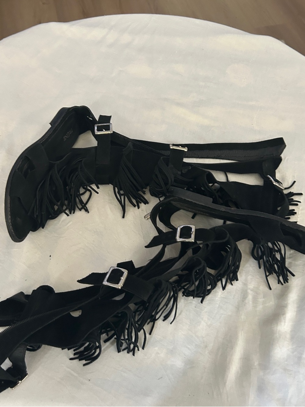 Prune Black Fringe Gladiator Sandals with Buckle Straps